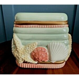 Vintage 80's Seashell Tissue Box Cover Sharry Holiday Coastal Pastel Ceramic